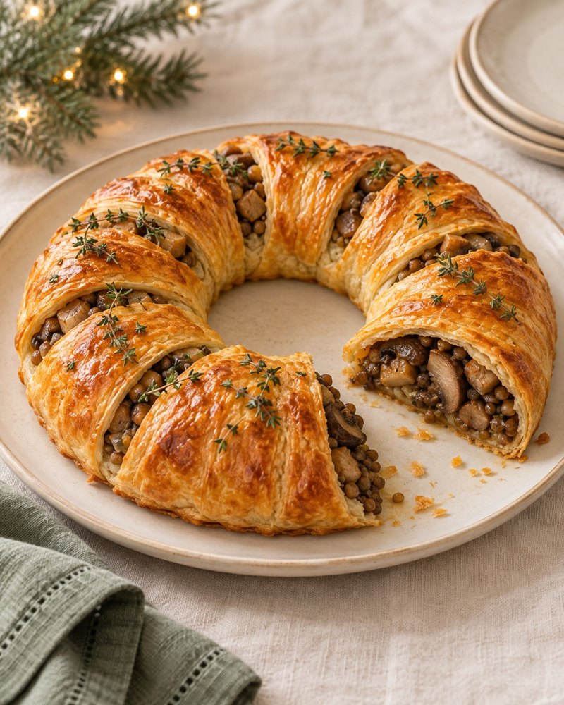 Chestnut, mushroom and lentil pastry wreath