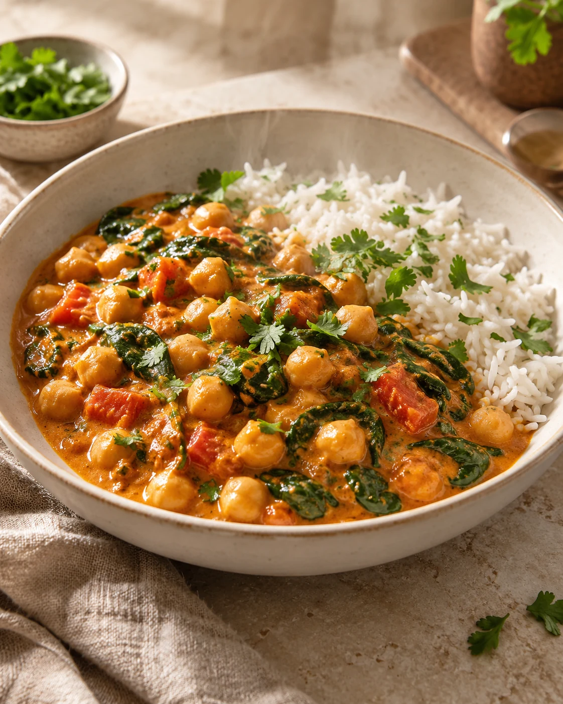 Curry vegano de garbanzos y espinacas