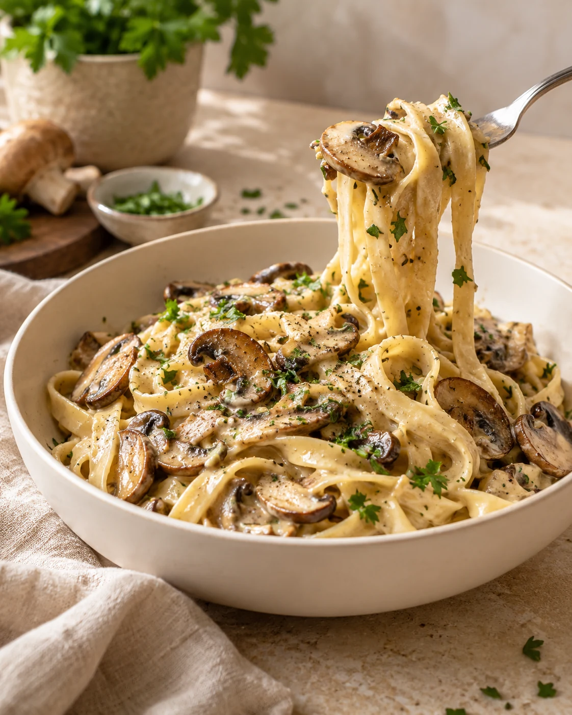 Pasta vegana cremosa con setas
